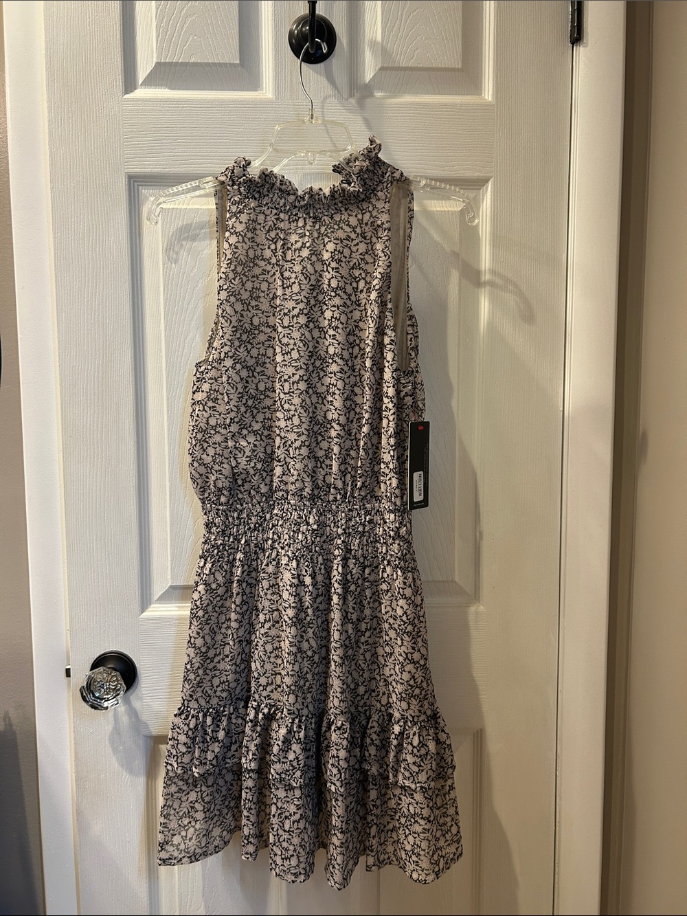 Sleeveless Floral Midi Dress in Cream and Black with Smocked Waist